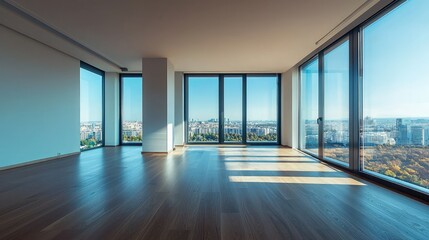 Fototapeta premium Luxurious Penthouse with Panoramic Views: Spacious Room Showcasing Modern Design and Abundant Natural Light in a High-End Urban Setting