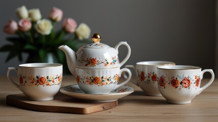 Floral teapot and teacups set on wooden table.