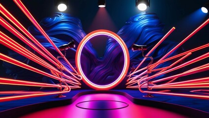 Neon lighting, a nighttime scene, and a dark background with lines and spotlights. blue background that is abstract.