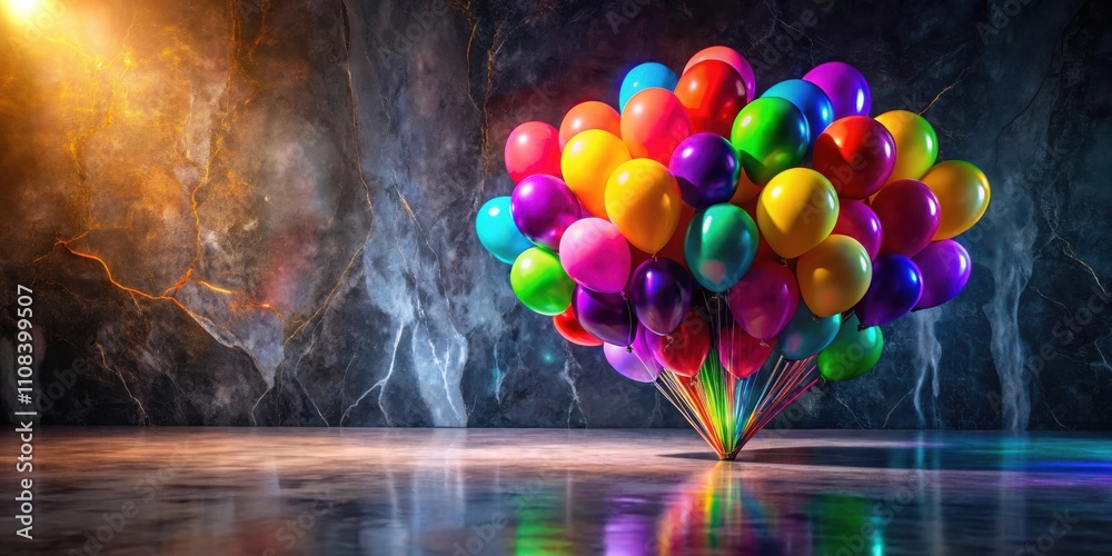 Poster a vibrant cluster of colorful balloons against a dark, textured backdrop, illuminated by a warm spot