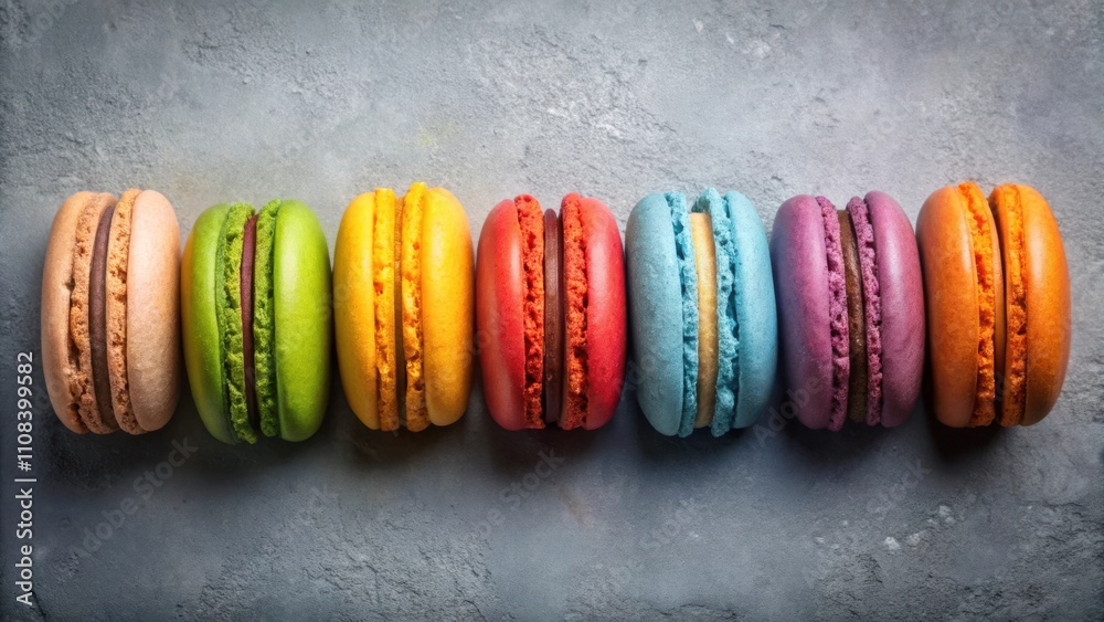 Poster a row of colorful macarons on a gray background, showcasing the delicate textures and vibrant hues o