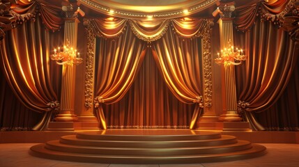 Opulent theater stage adorned with golden drapes and chandeliers, creating a lavish and classic ambiance for performances.