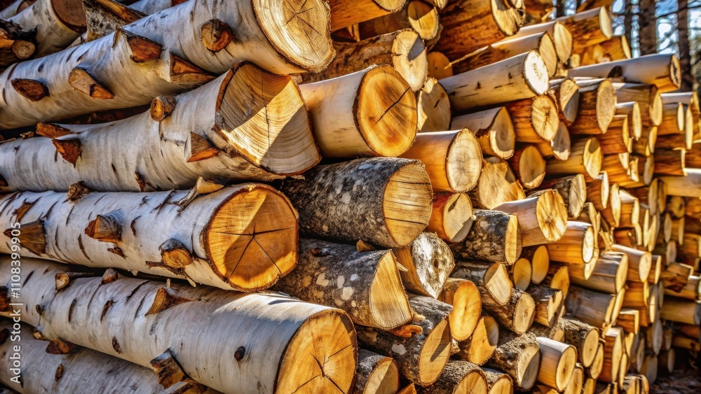 Poster a stack of birch logs, their bark showing a white background with patches of brown and their center 