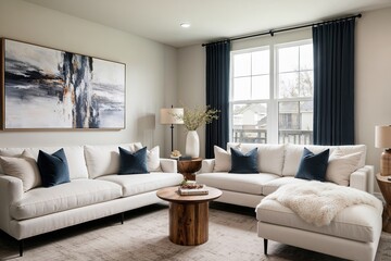 Fototapeta premium Modern Cozy Living Room Design with Plush White Sofas Wooden Side Table and Abstract Art