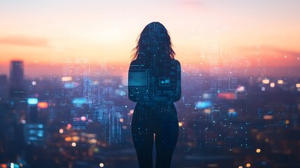 Woman Silhouette Overlaid With Digital Cityscape At Sunset