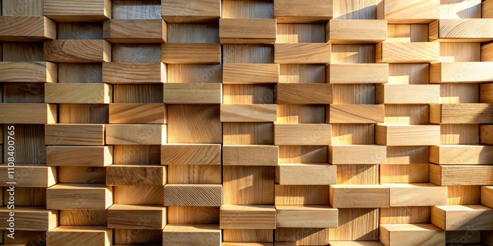 Aufkleber A geometric pattern created by interlocking wooden blocks arranged in an offset grid, creating a visual tapestry of natural texture and light, highlighting the beauty of raw materials.