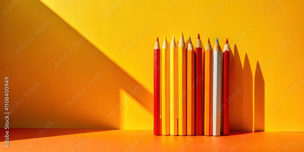 Poster a row of colored pencils stand tall, casting elongated shadows on a vibrant yellow and orange surfac