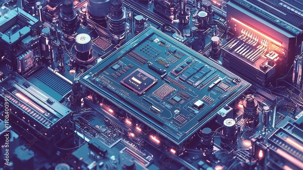 Poster futuristic robotic assembly line for building electronic devices with advanced components and high-p