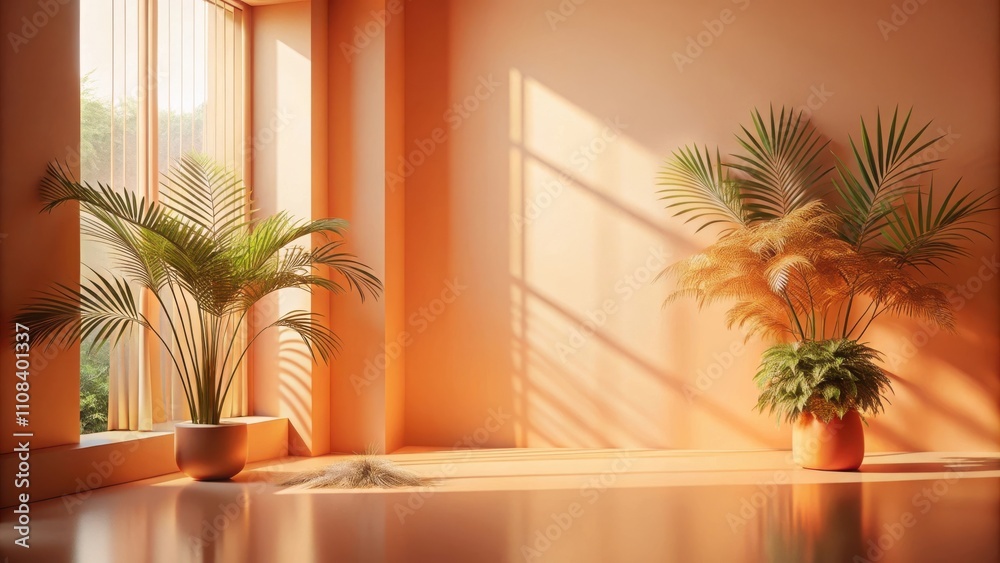 Poster Sunlight filtering through a window creates a warm and inviting atmosphere in a room with two potted palm trees
