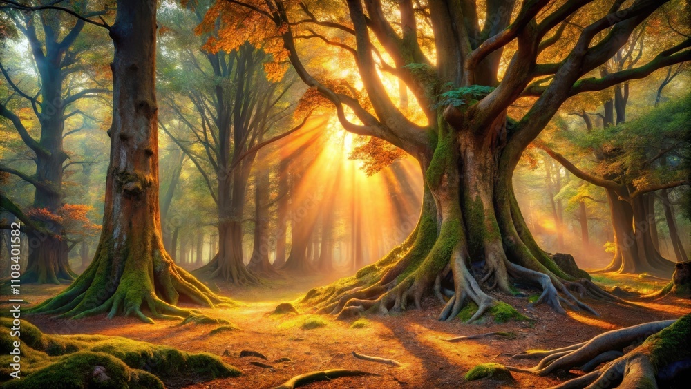 Poster a golden ray of sunlight pierces through the dense canopy of an ancient forest, illuminating the int