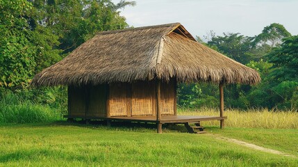 Obraz premium A Tranquil Rural Shelter with a Thatched Roof Nestled in a Lush Green Field Surrounded by Nature's Serenity and Peaceful Landscapes