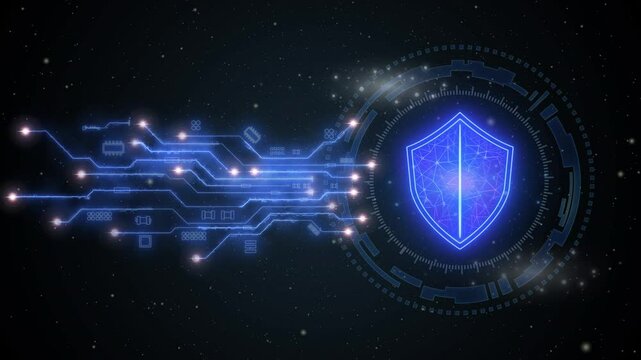 Cyber security concept, cybersecurity, secure access to user's personal information for lock and security system. Glowing neon line of cyber security icon on virtual screen.