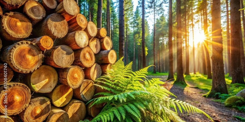 Poster Sunbeams filtering through a forest canopy illuminate a pile of stacked logs, casting long shadows on the surrounding foliage.