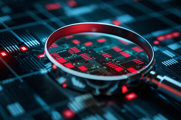 Obraz premium Examining circuit board details with a magnifying glass on a digital backdrop