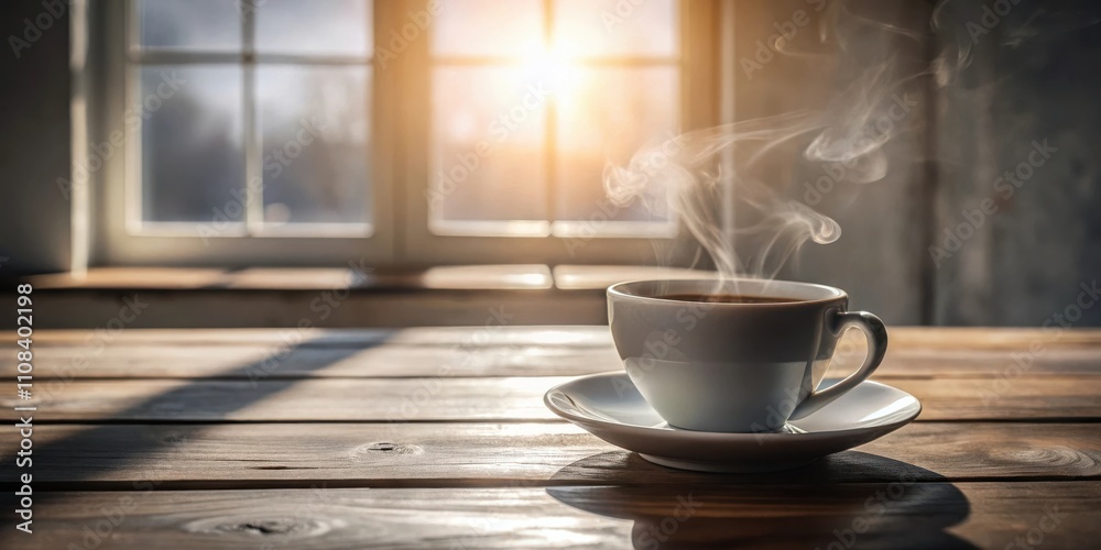 Poster a steaming cup of coffee on a wooden table with sunlight streaming through a window
