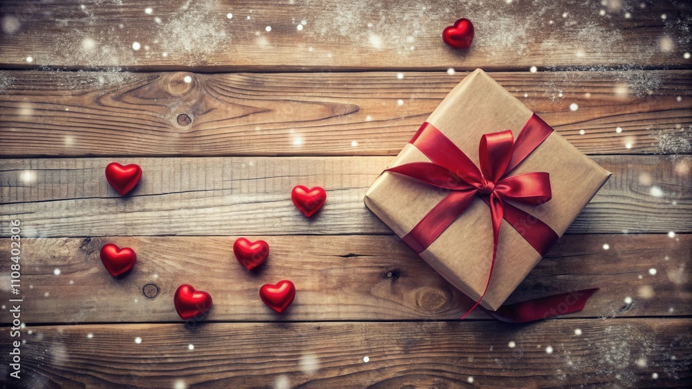Poster a gift box tied with a red ribbon surrounded by red hearts on a wooden surface with a snowy effect.