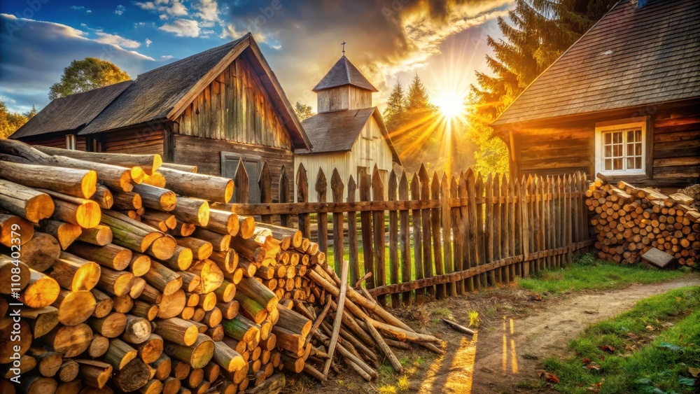 Poster rustic wooden cabin nestled in a forest clearing with stacked logs and a wooden fence at golden hour
