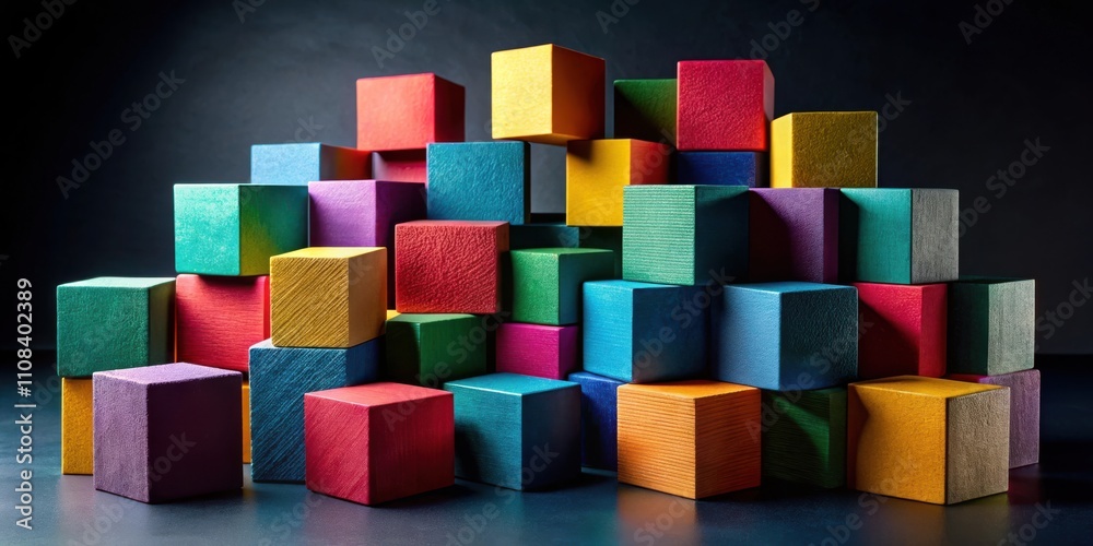 Fototapete a vibrant arrangement of wooden blocks, each painted in a distinct color, stacked in a visually appe