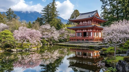Fototapeta premium Serene Cherry Blossom Trees in Full Bloom Surrounding a Traditional Pavilion Amidst a Scenic Landscape with Majestic Mountains in the Background