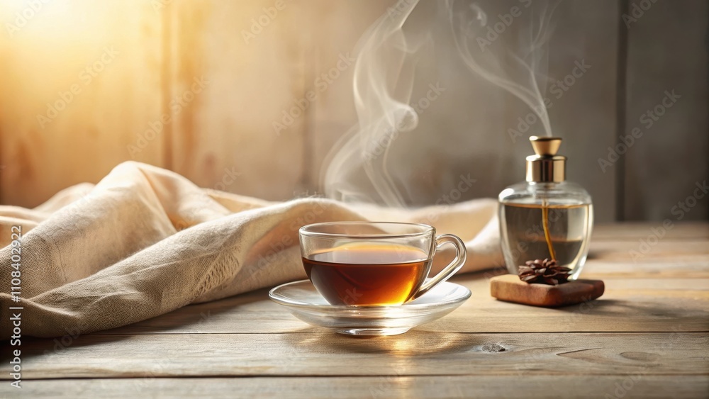 Poster A steaming cup of tea on a rustic wooden table with a fabric backdrop, creating a cozy and inviting atmosphere.