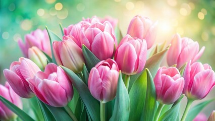 Obraz premium A vibrant bouquet of pink tulips, delicately arranged, showcasing their captivating beauty and delicate petals against a soft, blurred background.