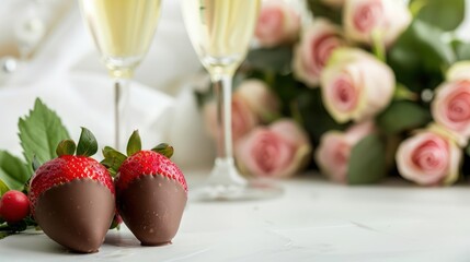 Close up of two chocolate covered strawberries with a bouquet of roses and champagne blurred in background; great for a variety of special occassions; copy space