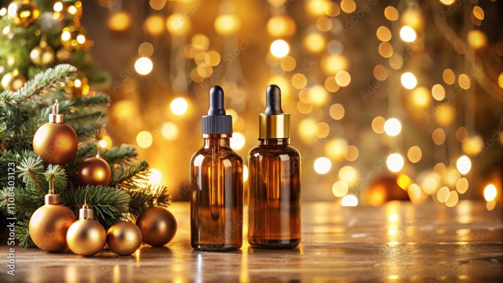 Poster Two Amber Glass Bottles with Droppers on a Rustic Table Against a Festive Bokeh Background