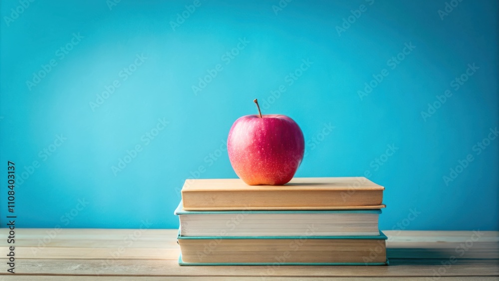 Poster a red apple sits atop a stack of three books against a bright blue background.