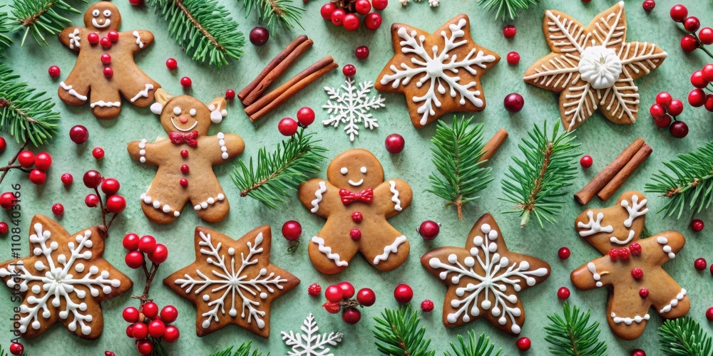 Poster gingerbread men and festive stars adorned with snowflakes and festive greenery on a green background