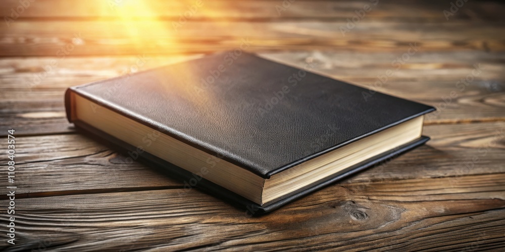 Poster a closed leather-bound book with a golden edge lies on a rustic wooden surface illuminated by a warm