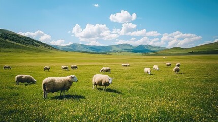 Fototapeta premium Scenic Meadow with Grazing Sheep and Distant Hills Under a Blue Sky with White Clouds in a Serene Landscape Perfect for Nature and Pastoral Themes