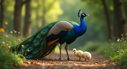 Fototapeta premium A peacock mother with her chicks, showcasing a tender moment in nature, with the vibrant tail feathers contrasting with the soft, fluffy chicks.