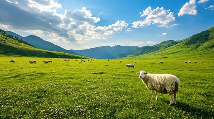 Fototapeta premium Serene Landscape of a Lush Green Meadow with Grazing Sheep Under a Clear Blue Sky and Distant Rolling Hills in the Background