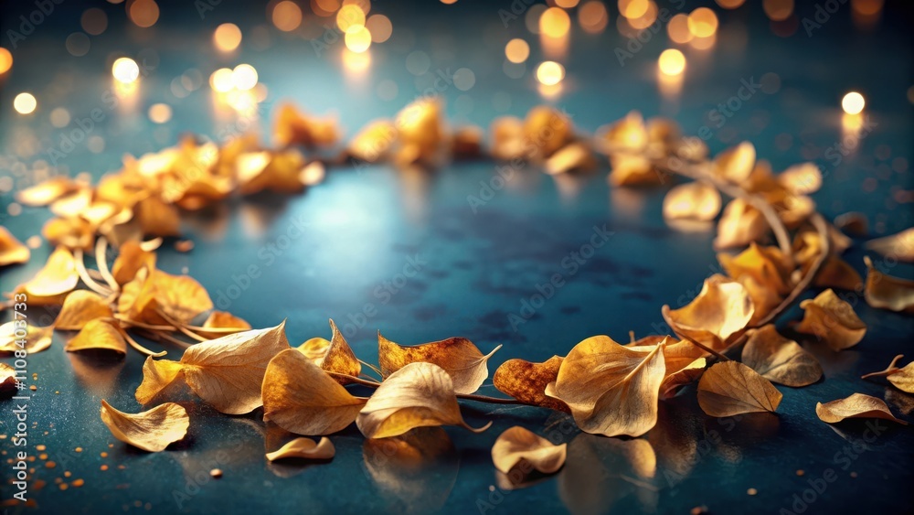 Poster a golden wreath of autumn leaves on a deep blue background with a glimmering light reflection