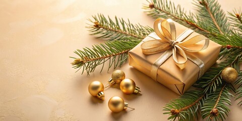 A golden gift box tied with a shimmering ribbon rests on a creamy surface surrounded by delicate pine branches and shiny ornaments.