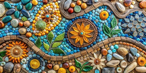 A vibrant mosaic art piece featuring a variety of stones, pebbles, and shells arranged in a colorful and intricate design, creating a captivating visual story.