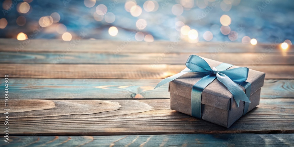 Poster a gift wrapped in a blue ribbon rests on a rustic wooden table, with a warm glow of bokeh lights in 