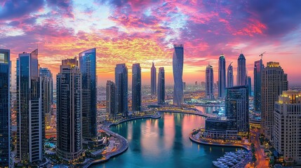 Obraz premium Stunning Scenic View of a Bustling City with Skyscrapers Under a Colorful Sunset Sky Reflecting on Calm Waters, Captured in Gigapixel Standard Scale