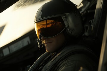 Fototapeta premium Pilot in Cockpit with Visor and Soft Lighting