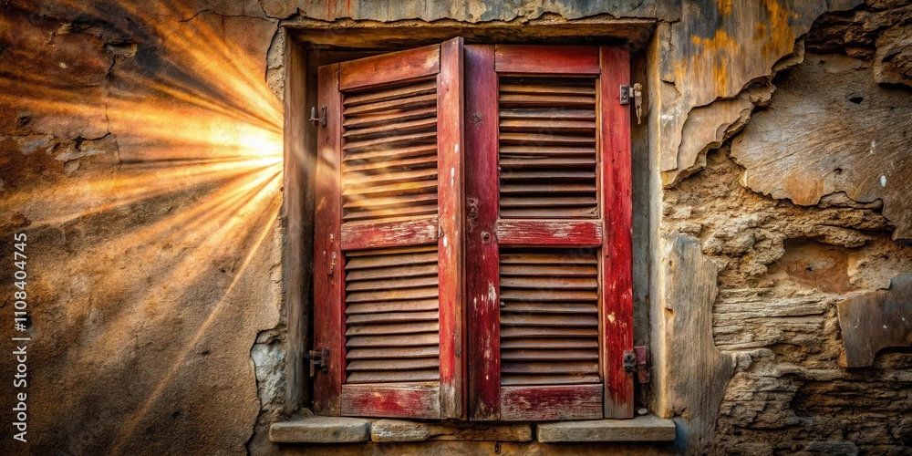 Fototapete Rays of light stream through an open window shutter in a weathered stone wall, casting a warm glow on the cracked and worn surface.