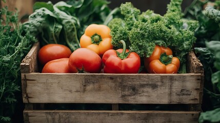 A wooden crate filled with fresh organic vegetables, including tomatoes, peppers, and leafy greens, displayed in a market.