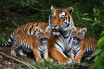 Obraz premium Fierce Mother Tiger and Striped Cubs Playing in Nature's Underbrush