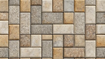 Fototapeta premium A close-up texture of a stone wall with an intricate pattern of rectangular blocks in shades of beige, brown, and gray