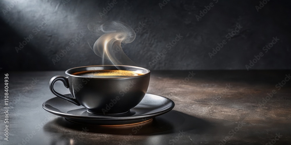 Poster a steaming cup of coffee on a dark background, with a dramatic light source illuminating the scene