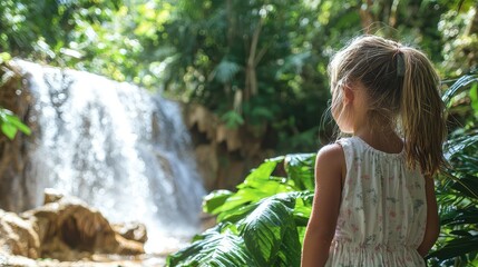 Tranquil Tropical Waterfall Surrounded by Lush Rainforest Viewed from Behind a Child in Serene Natural Landscape