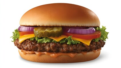 Juicy beef patty, melted cheese, crisp lettuce, red onion, and pickles on a toasted bun. A classic burger.