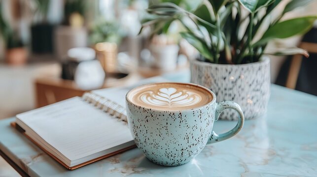 Neatly arranged desk with a daily planner coffee mug and journal symbolizing a balanced and productive workday routine focused on time management and work life harmony