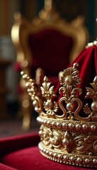 Fototapeta premium Macro shot of intricate details of a royal crown showcasing filigree patterns and pearls with a throne room background and copy space