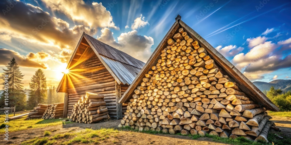 Poster a rustic wooden cabin with a pile of logs stacked in front of it, bathed in the warm glow of the set