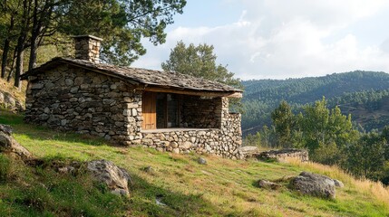 Obraz premium Cozy Rustic Shelter Built with Stone and Wood Surrounded by Lush Greenery in a Serene Natural Landscape